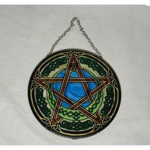 Round Pentagram Sun Catcher Stained Glass Celtic Knots Blue Center